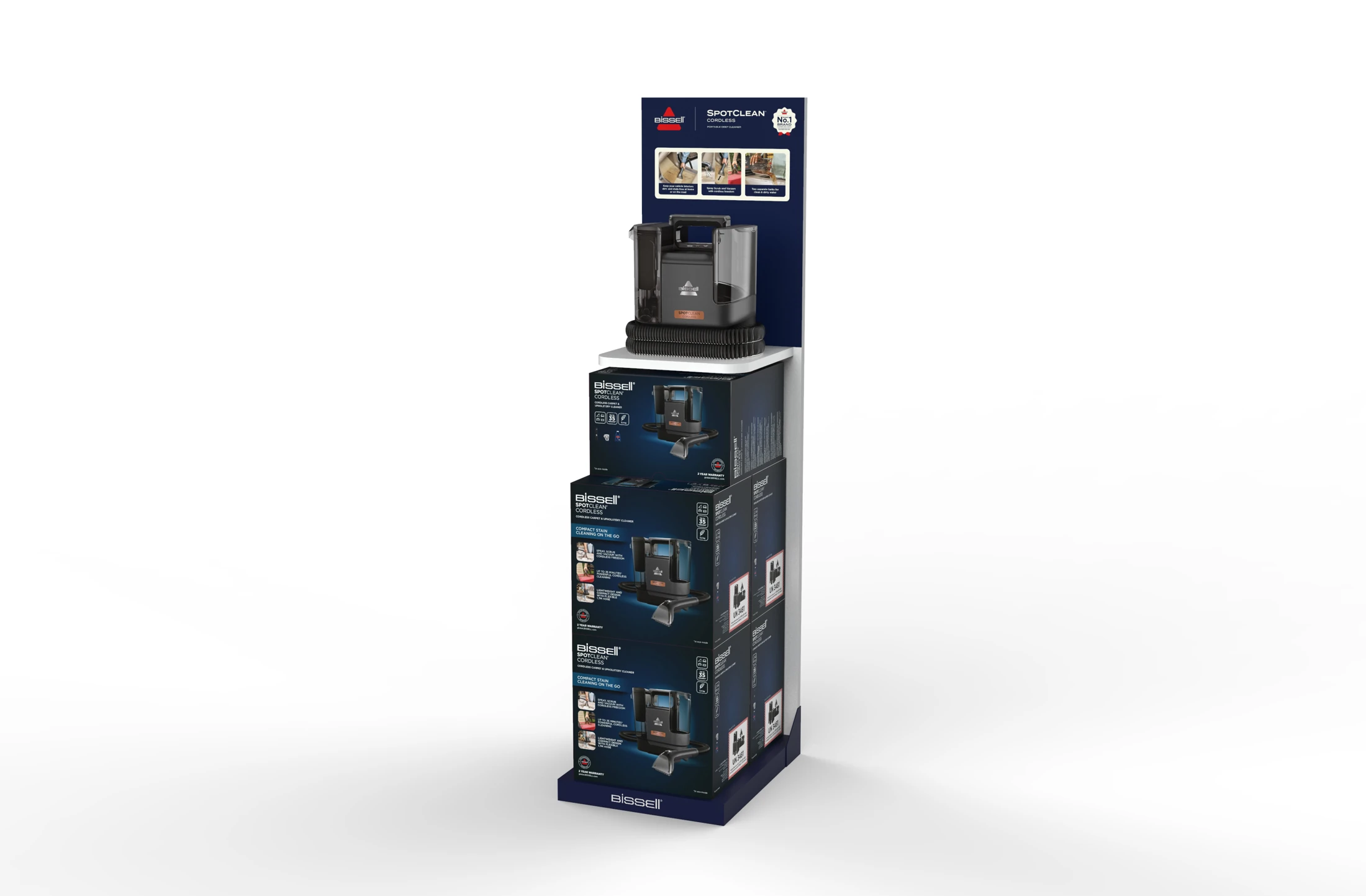 BISSELL SpotClean Cordless: vrijstaande winkeldisplay met productpresentatie en verpakkingen