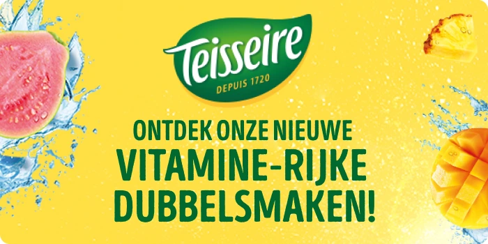 Liggende Teisseire-banner voor Delhaize met logo, fruit en de boodschap over dubbelsmaken
