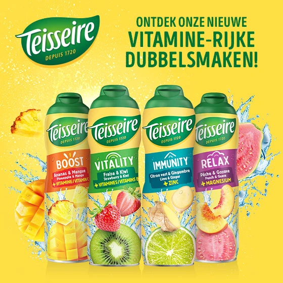 Vier Teisseire-producten op een gele digitale nieuwsbriefbanner voor Delhaize