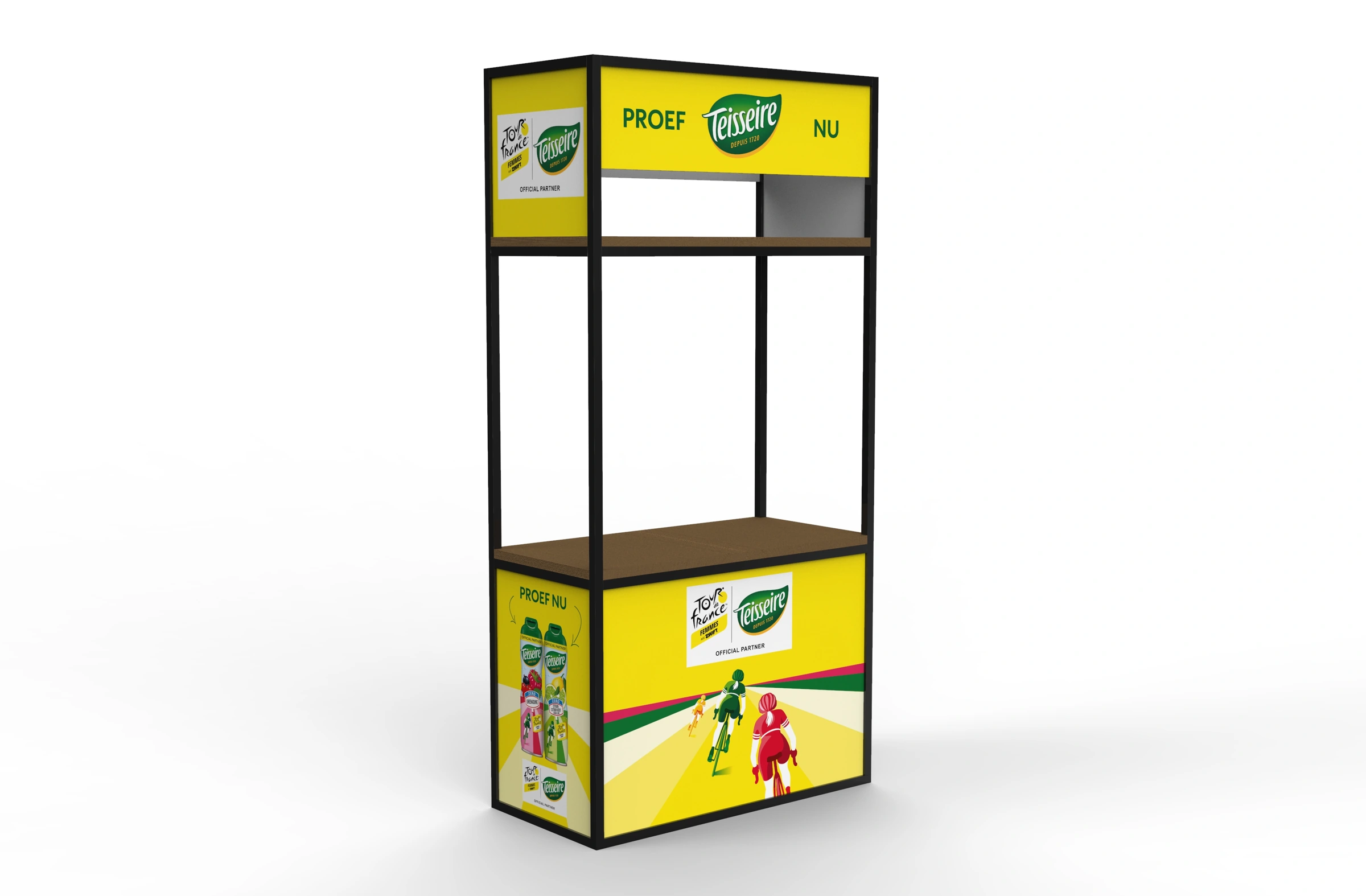 Ontwerp van een Teisseire-beursstand in geel met Tour de France-illustraties