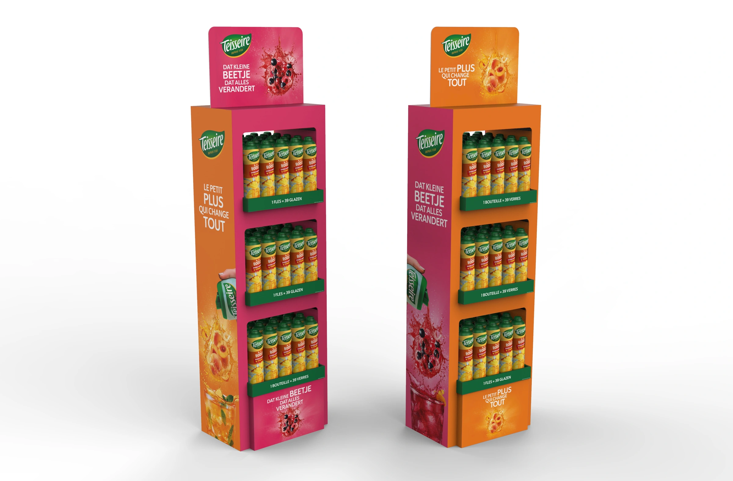 Twee Teisseire-zomervloerdisplays in roze en oranje met Nederlandse en Franse uitwerkingen